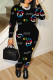 Black Casual Letter Print Contrast O Neck Long Sleeve Two Pieces
