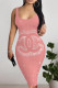 Rose Pink Sexy Letter Print Gradient Contrast U Neck Printed Dresses