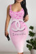 Powder White Sexy Letter Print Gradient Contrast U Neck Printed Dresses