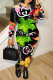 Black Green Casual Letters Chain print Contrast O Neck Long Sleeve Two Pieces