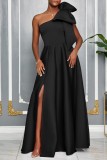 White Sexy Party Formal Solid Color Slit Oblique Collar Long Dresses