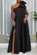 Black Sexy Party Formal Solid Color Slit Oblique Collar Long Dresses
