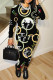 Blue Black Casual Letters Chain print Leopard Contrast O Neck Long Sleeve Two Pieces