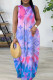 Blue Purple Casual Colorblock Letter Print Pocket Contrast O Neck Printed Dresses