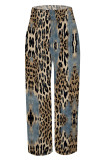 Leopard Print Casual Faux Denim Print Leopard Pocket Contrast Loose High Waist Wide Leg Full Print Bottoms