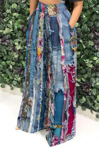 Multicolor Casual Faux Denim Print Leopard Pocket Contrast Loose High Waist Wide Leg Full Print Bottoms