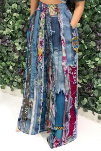 Multicolor Casual Faux Denim Print Leopard Pocket Contrast Loose High Waist Wide Leg Full Print Bottoms