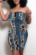 Blue Khaki Sexy Faux Denim Print Leopard Contrast Strapless Printed Dresses