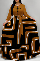 Brown Casual Colorblock Print Pocket With Belt O Neck Printed Dresses