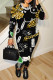 Black Yellow Casual Letters Chain print Leopard Contrast O Neck Long Sleeve Two Pieces