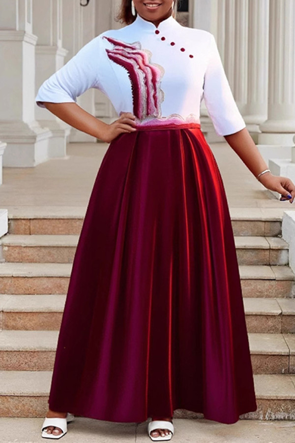 Red Casual Daily Elegant Embroidery Patchwork Mandarin Collar Long Dresses