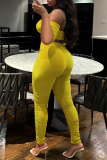 Yellow Sexy Solid Color Patchwork Ruched Off Shoulder Short Sleeve Two Pieces