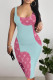 Blue Pink Sexy Colorblock Letter Print Gradient Contrast U Neck Printed Dresses