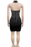Black Sexy Solid Color Backless Hot Drill O Neck Wrapped Skirt Dresses