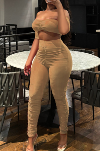 Apricot Sexy Solid Color Patchwork Ruched Off Shoulder Short Sleeve Two Pieces