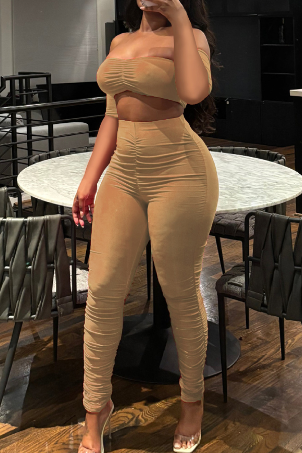 Apricot Sexy Solid Color Patchwork Ruched Off Shoulder Short Sleeve Two Pieces