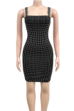 Apricot Sexy Solid Color Hot Drill Zipper Spaghetti Strap Sling Dresses