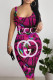 Rose Red Sexy Snakeskin Print Letters Contrast U Neck Printed Dresses