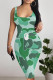 Green Sexy Camouflage Print Contrast U Neck Printed Dresses