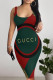 Dark Green Sexy Colorblock Letter Print Contrast U Neck Printed Dresses