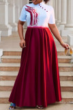 Red Casual Daily Elegant Embroidery Patchwork Mandarin Collar Long Dresses