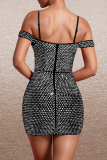 Apricot Sexy Solid Color Patchwork Hot Drill Zipper Spaghetti Strap Sling Dresses
