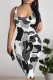 Grey Sexy Camouflage Print Contrast U Neck Printed Dresses
