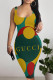 Green Yellow Sexy Colorblock Letter Print Contrast U Neck Printed Dresses