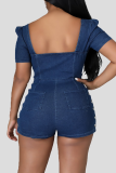 Deep Blue Sexy Solid Color Chains Zipper Square Neck Skinny Rompers