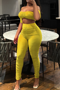 Yellow Sexy Solid Color Patchwork Ruched Off Shoulder Short Sleeve Two Pieces