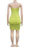 Apricot Sexy Solid Color Patchwork Zipper Spaghetti Strap Sling Dresses