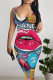 Blue Casual Graffiti Print Stripe Letters Contrast U Neck Printed Dresses