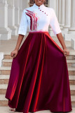 Red Casual Daily Elegant Embroidery Patchwork Mandarin Collar Long Dresses