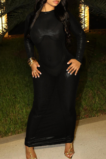 Black Sexy Solid Color Patchwork See-Through O Neck Long Dresses
