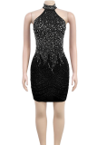 Black Sexy Solid Color Backless Hot Drill O Neck Wrapped Skirt Dresses