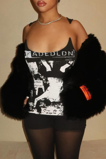 Black Sexy Print Patchwork U Neck T-Shirts