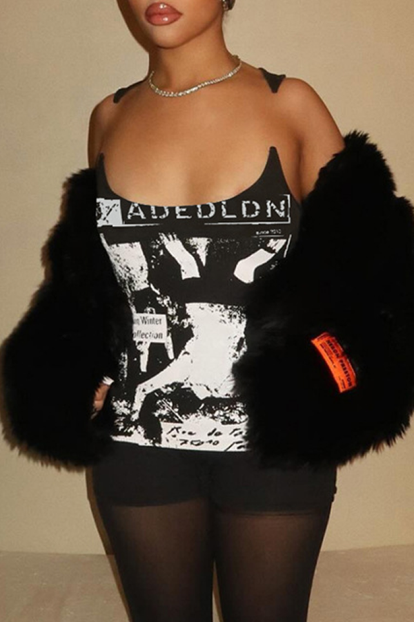 Black Sexy Print Patchwork U Neck T-Shirts