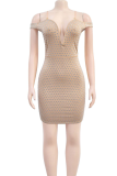 Apricot Sexy Solid Color Patchwork Hot Drill Zipper Spaghetti Strap Sling Dresses