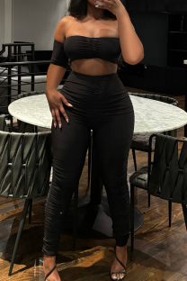 Black Sexy Solid Color Patchwork Ruched Off Shoulder Short Sleeve Two Pieces