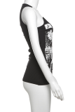 Black Sexy Print Patchwork U Neck T-Shirts