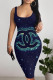 Tibetan Blue Casual Graffiti Print Stripe Letters Contrast U Neck Printed Dresses