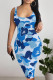 Navy Sexy Camouflage Print Contrast U Neck Printed Dresses