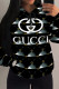 Black Casual Letter Print Draw String Pocket Hooded Tops
