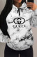 White Casual Letter Print Draw String Pocket Hooded Tops