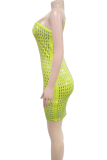 Apricot Sexy Solid Color Patchwork Zipper Spaghetti Strap Sling Dresses