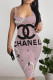 Light Pink Casual Flowers Letters Bow printing Contrast U Neck Printed Dresses