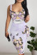 Light Purple Casual Flowers Letters Bow printing Contrast U Neck Printed Dresses