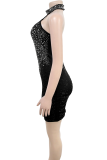 Black Sexy Solid Color Backless Hot Drill O Neck Wrapped Skirt Dresses