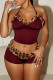 Burgundy Sexy Hot Leopard Patchwork Backless Spaghetti Strap Sleeveless Two Pieces