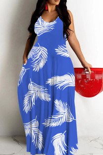 Blue Sexy Floral Print Contrast O Neck Printed Dresses
